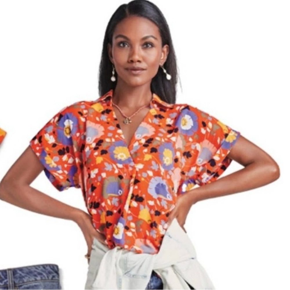 Cabi Replay Top Orange with Flowers